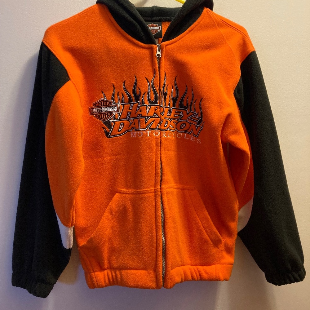 Harley Davidson zip up hoodie. Size 12-14/medium, kids, orange and black.